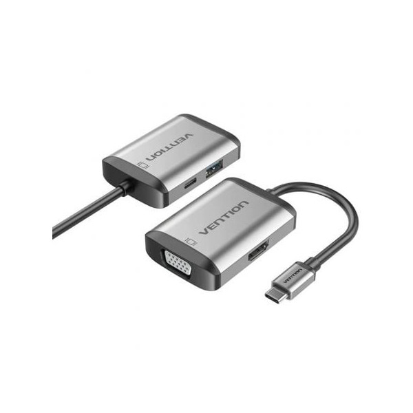 Conversor Vention TFAHB/ 1xUSB/ 1xHDMI/ 1xVGA/ 1xUSB Tipo-C PD/ 15cm/ Gris