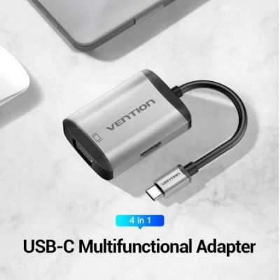 Conversor Vention TFAHB/ 1xUSB/ 1xHDMI/ 1xVGA/ 1xUSB Tipo-C PD/ 15cm/ Gris