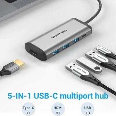 Docking USB Tipo-C Vention CNBHB/ 1xHDMI/ 3xUSB/ 1xUSB Tipo-C PD/ Gris