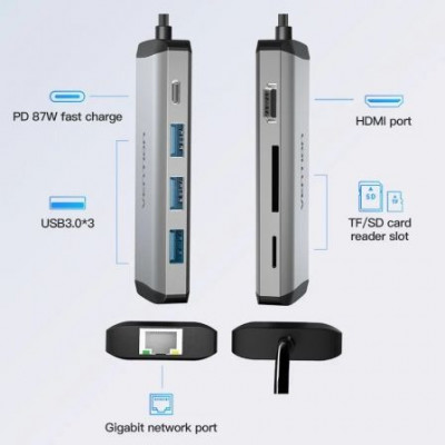 Docking USB Tipo-C Vention CNDHB/ 1xHDMI/ 3xUSB/ 1xUSB Tipo-C PD/ 1xRJ45/ 1xLector tarjetas/ Gris