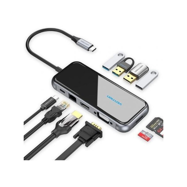 Docking USB Tipo-C Vention TFGHB/ 1xVGA/ 1xHDMI/ 4xUSB/ 1xUSB Tipo-C PD/ 1xRJ45/ 1xLector Tarjetas SD/ Gris