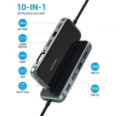 Docking USB Tipo-C Vention TFGHB/ 1xVGA/ 1xHDMI/ 4xUSB/ 1xUSB Tipo-C PD/ 1xRJ45/ 1xLector Tarjetas SD/ Gris