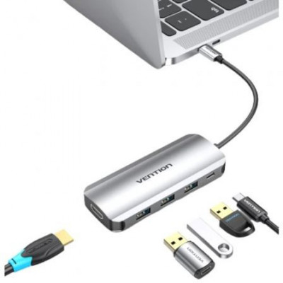 Docking USB Tipo-C Vention THFHB/ 1xHDMI 4K/ 3xUSB/ 1xUSB Tipo-C PD/ Gris