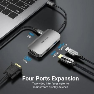 Docking USB Tipo-C Vention TOAHB/ 1xHDMI/ 1xVGA/ 1xUSB/ 1xUSB Tipo-C PD/ Gris