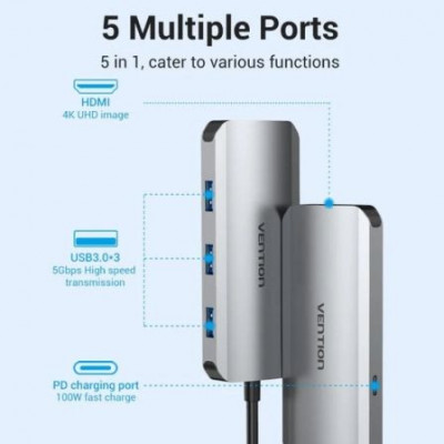 Docking USB Tipo-C Vention TODHB/ 1xHDMI/ 3xUSB/ 1xUSB Tipo-C PD/ Gris