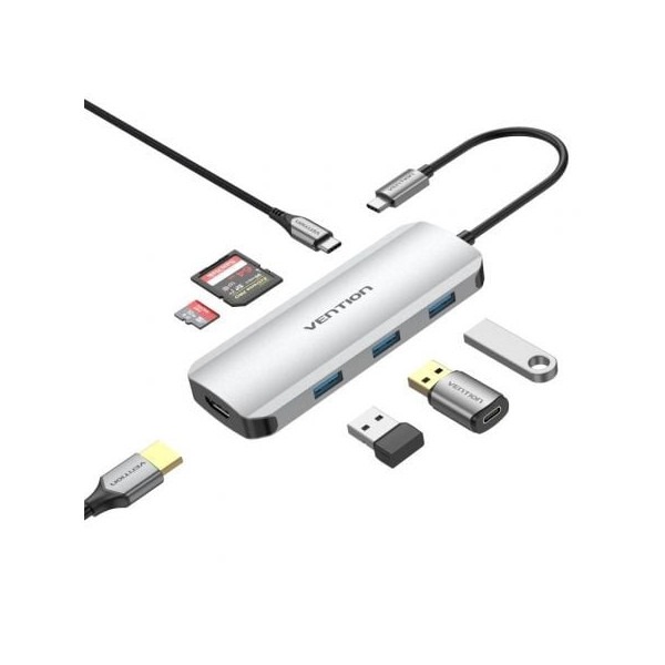 Docking USB Tipo-C Vention TOJHB/ 1xHDMI/ 3xUSB/ 1xUSB Tipo-C/ 1xLector tarjetas/ Gris