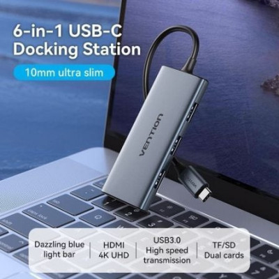 Docking USB Tipo-C Vention TOOHB/ 1xHDMI/ 3xUSB/ 1xLector Tarjetas SD y MicroSD/ Gris