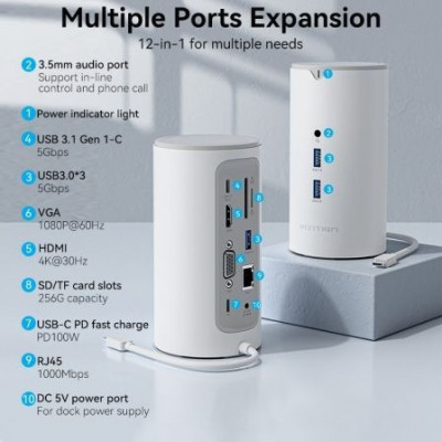 Docking USB Tipo-C Vention TPHWC/ 1xVGA/ 1xHDMI/ 3xUSB/ 1xUSB Tipo-C PD/ 1xUSB Tipo-C/ 1xRJ45/ 1xAudio/ 1xLector Tarjetas SD/ Bl