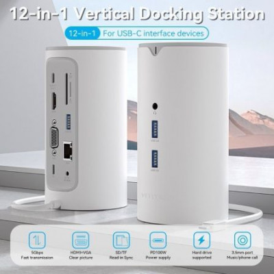 Docking USB Tipo-C Vention TPHWC/ 1xVGA/ 1xHDMI/ 3xUSB/ 1xUSB Tipo-C PD/ 1xUSB Tipo-C/ 1xRJ45/ 1xAudio/ 1xLector Tarjetas SD/ Bl